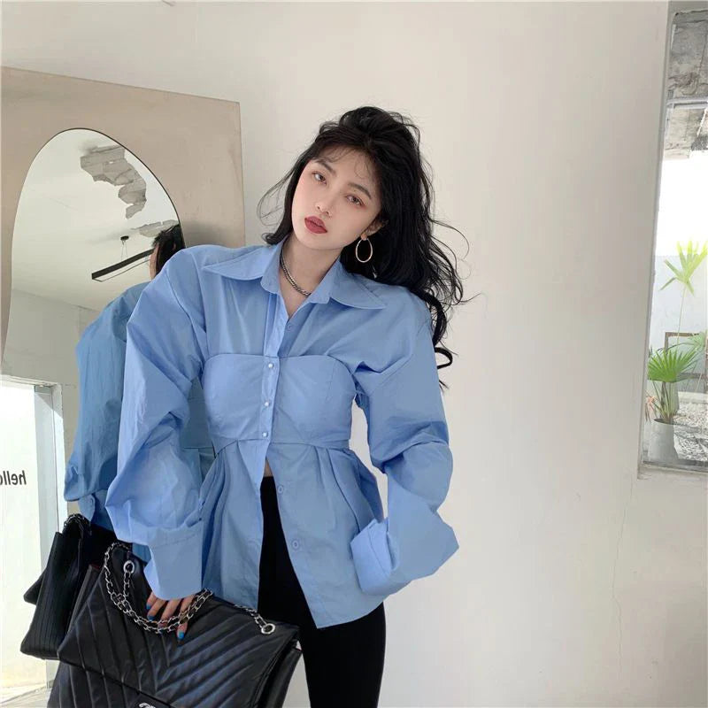 Elegante Patchwork Blouse - Koreaanse Stijl, Fake Two Pieces, Wit