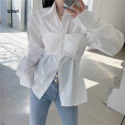 Elegante Patchwork Blouse - Koreaanse Stijl, Fake Two Pieces, Wit