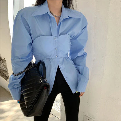 Elegante Patchwork Blouse - Koreaanse Stijl, Fake Two Pieces, Wit