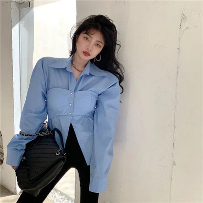 Elegante Patchwork Blouse - Koreaanse Stijl, Fake Two Pieces, Wit