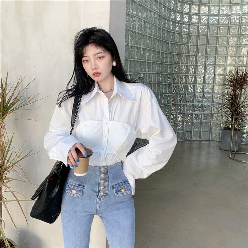 Elegante Patchwork Blouse - Koreaanse Stijl, Fake Two Pieces, Wit