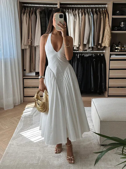 Elegante Ruches Mouwloze Midi Jurk voor Vrouwen