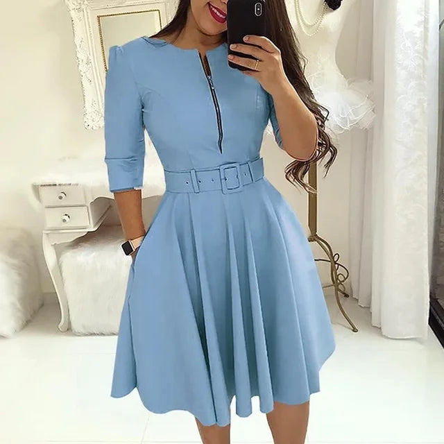 Herfst Chic: Elegant Midi Jurk met Halve Mouwen