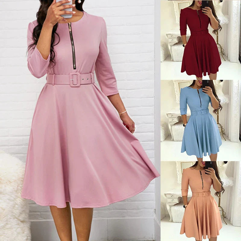 Herfst Chic: Elegant Midi Jurk met Halve Mouwen