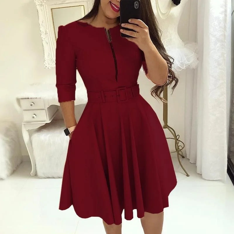 Herfst Chic: Elegant Midi Jurk met Halve Mouwen