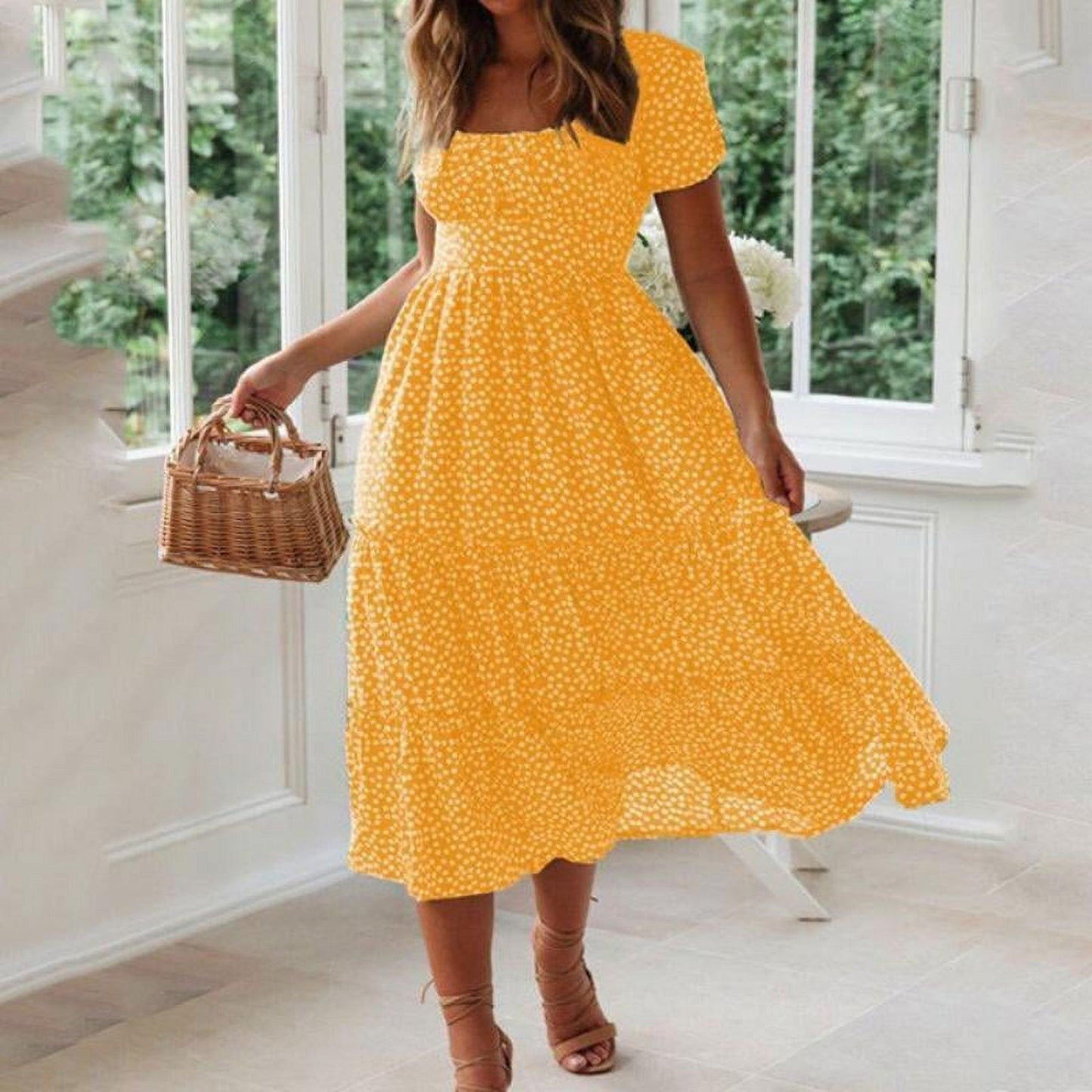 Maxi Jurk Vierkante Kraag Casual Zomerjurk voor Vrouw - Mode Vibes