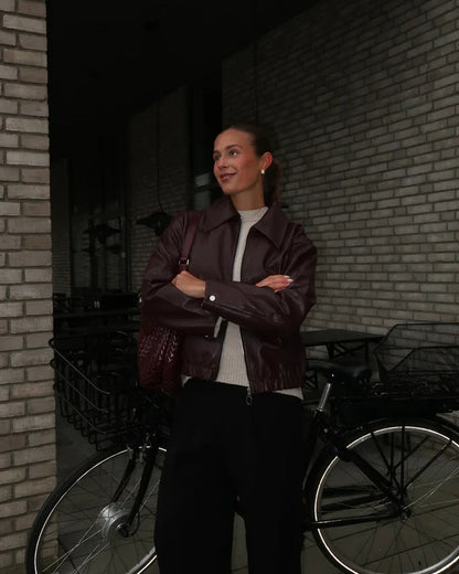 Dames Jas Winter Zacht PU-leer Bordeauxrood