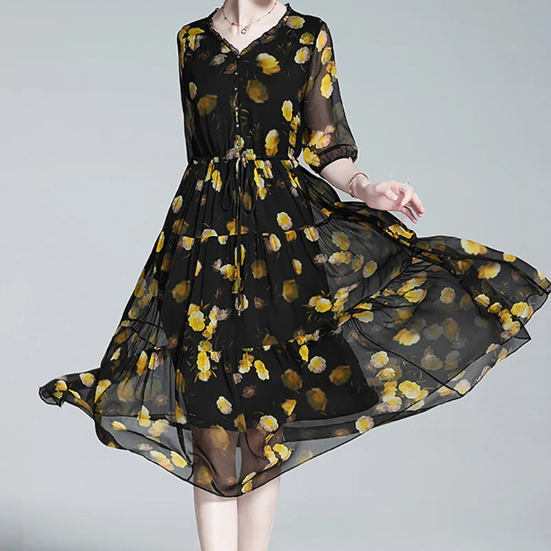 Dromerige Bloemenpracht Chiffon Jurk - Silky Summer Stijl