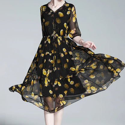 Dromerige Bloemenpracht Chiffon Jurk - Silky Summer Stijl