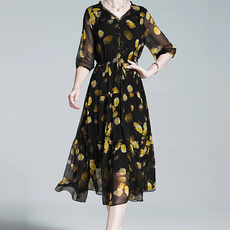 Dromerige Bloemenpracht Chiffon Jurk - Silky Summer Stijl