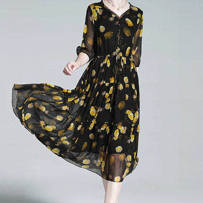 Dromerige Bloemenpracht Chiffon Jurk - Silky Summer Stijl