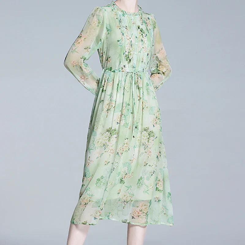 Zomerse Vrouwen Chic Groene Bloemenprint Chiffon Jurk