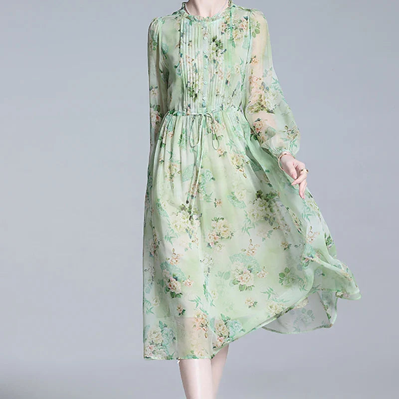Zomerse Vrouwen Chic Groene Bloemenprint Chiffon Jurk