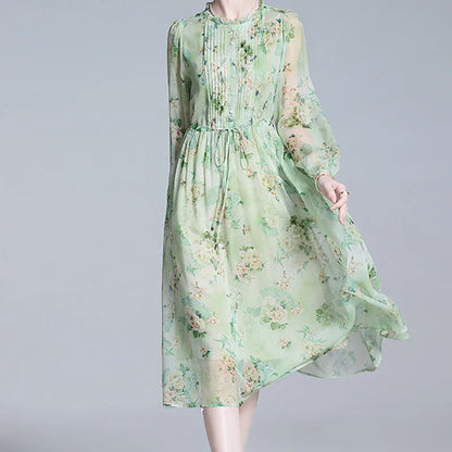 Zomerse Vrouwen Chic Groene Bloemenprint Chiffon Jurk