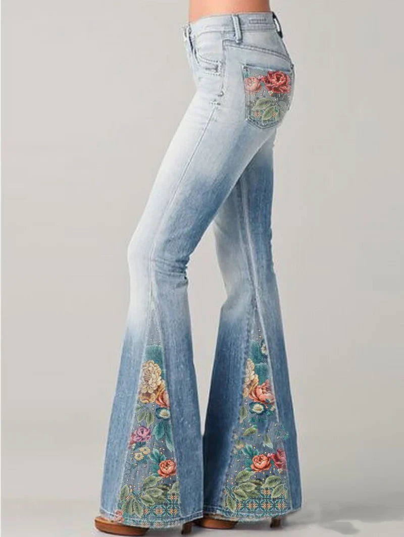 Dames Flared Jeans Bloemenprint Ombre Stijl - Mode Vibes
