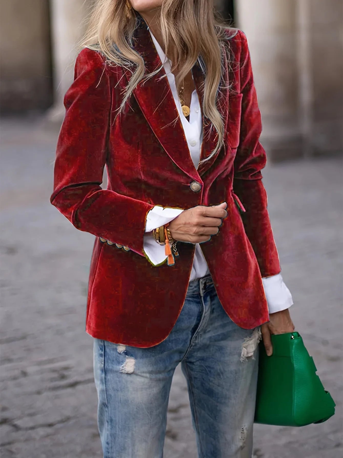 Dames Blazer Fluwelen Stof Gouden Knopen Smalle Pasvorm - Mode Vibes