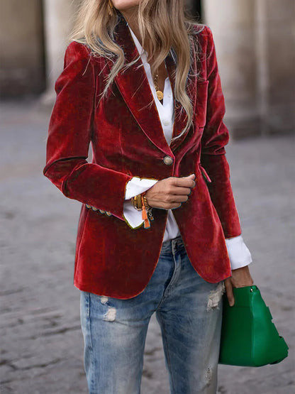 Dames Blazer Fluwelen Stof Gouden Knopen Smalle Pasvorm - Mode Vibes