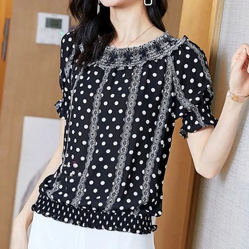 Franse Stijl Polka Dot Print Blouse