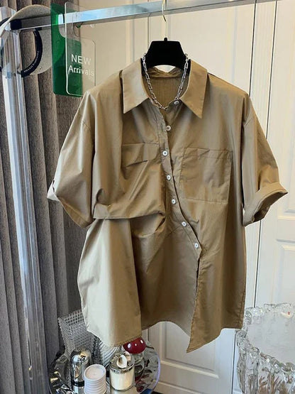 Franse Geplooide Gespleten Korte Mouw Shirt Top voor Vrouwen