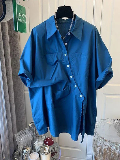 Franse Geplooide Gespleten Korte Mouw Shirt Top voor Vrouwen