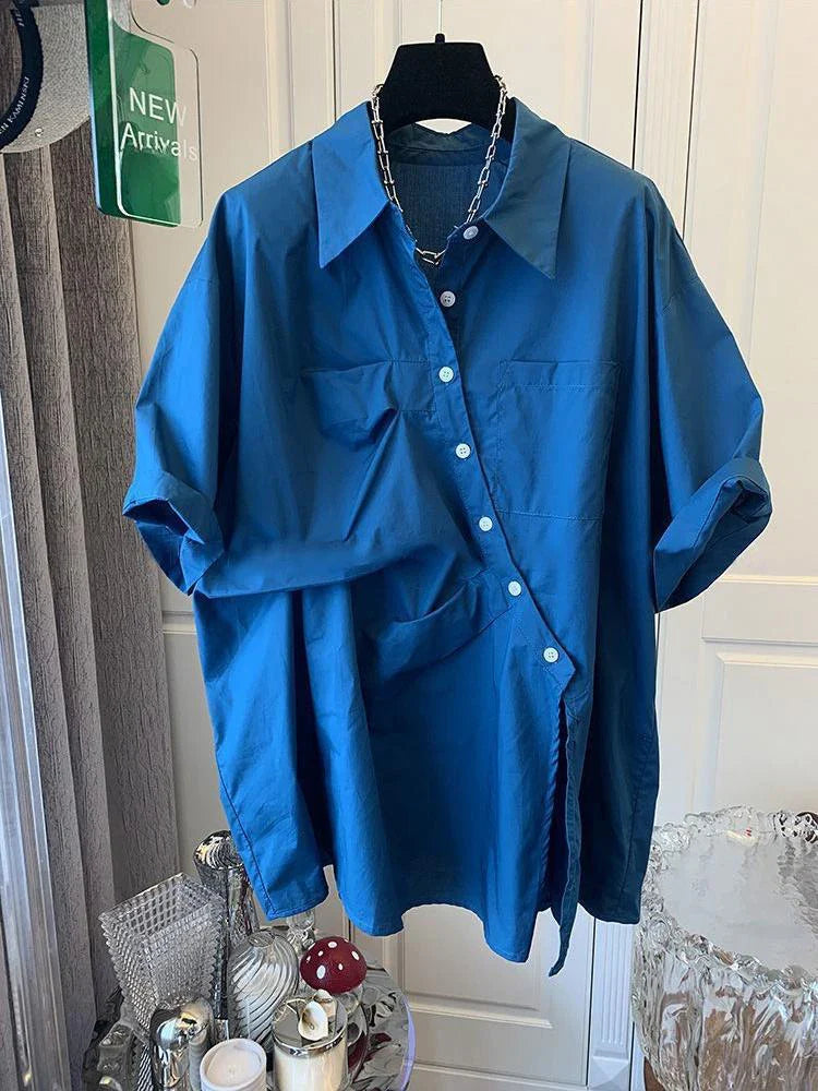 Franse Geplooide Gespleten Korte Mouw Shirt Top voor Vrouwen