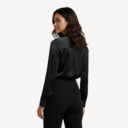 Davies – Dames Satijnen Blouse met Lange Mouwen en Knoopsluiting