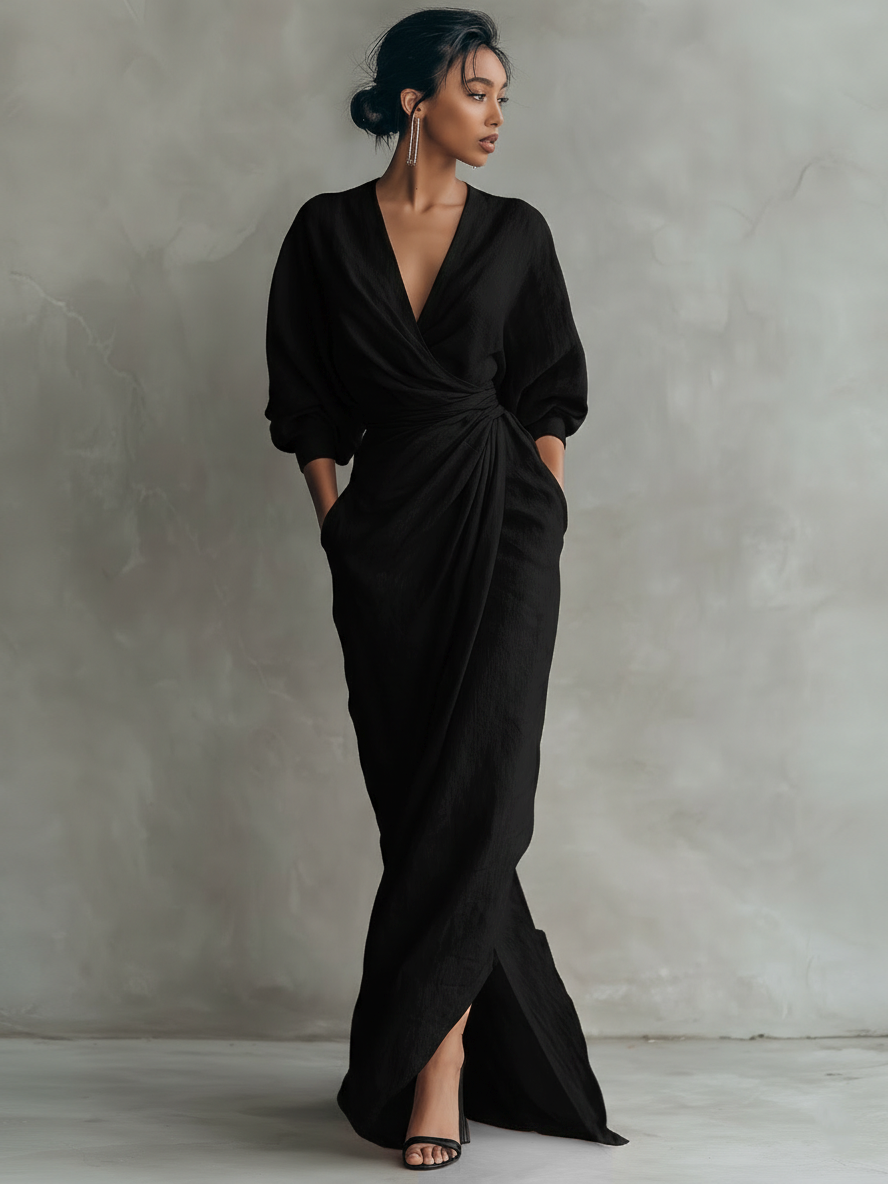 Dames linnen maxi-jurk met v-hals