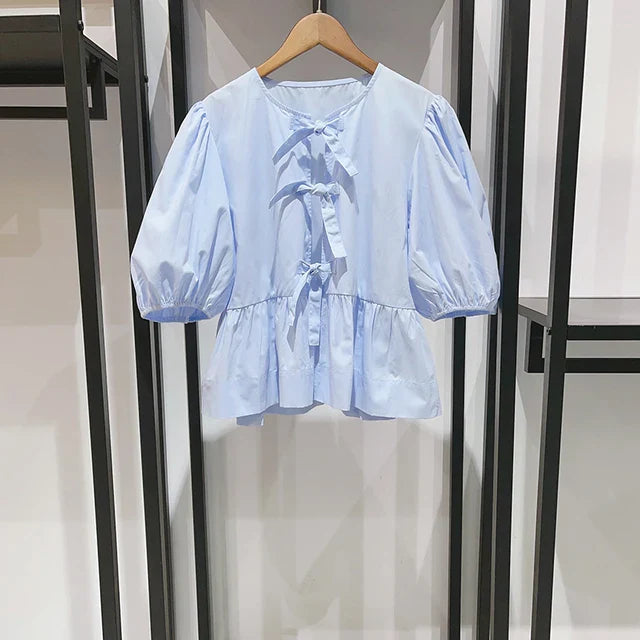 Retro Denim Blouse met Geometrisch Patroon