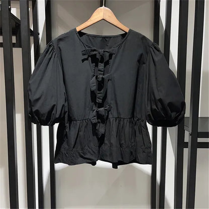 Retro Denim Blouse met Geometrisch Patroon