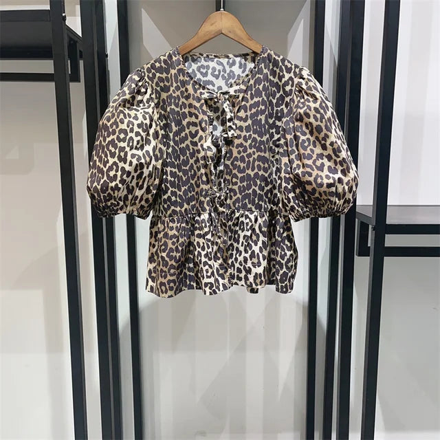 Retro Denim Blouse met Geometrisch Patroon