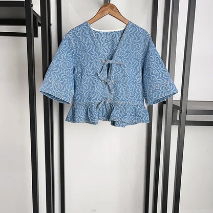 Retro Denim Blouse met Geometrisch Patroon