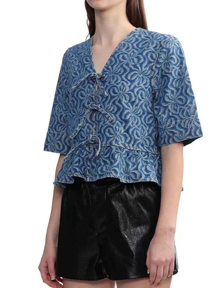 Retro Denim Blouse met Geometrisch Patroon