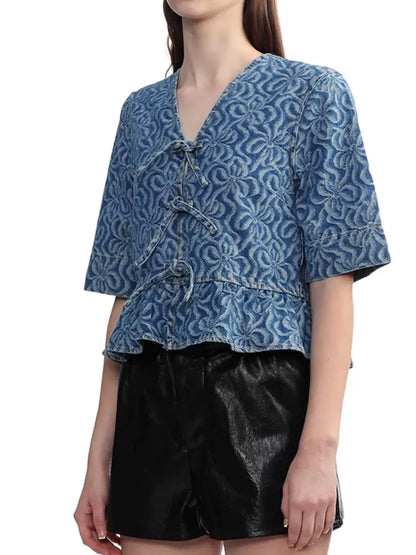 Retro Denim Blouse met Geometrisch Patroon