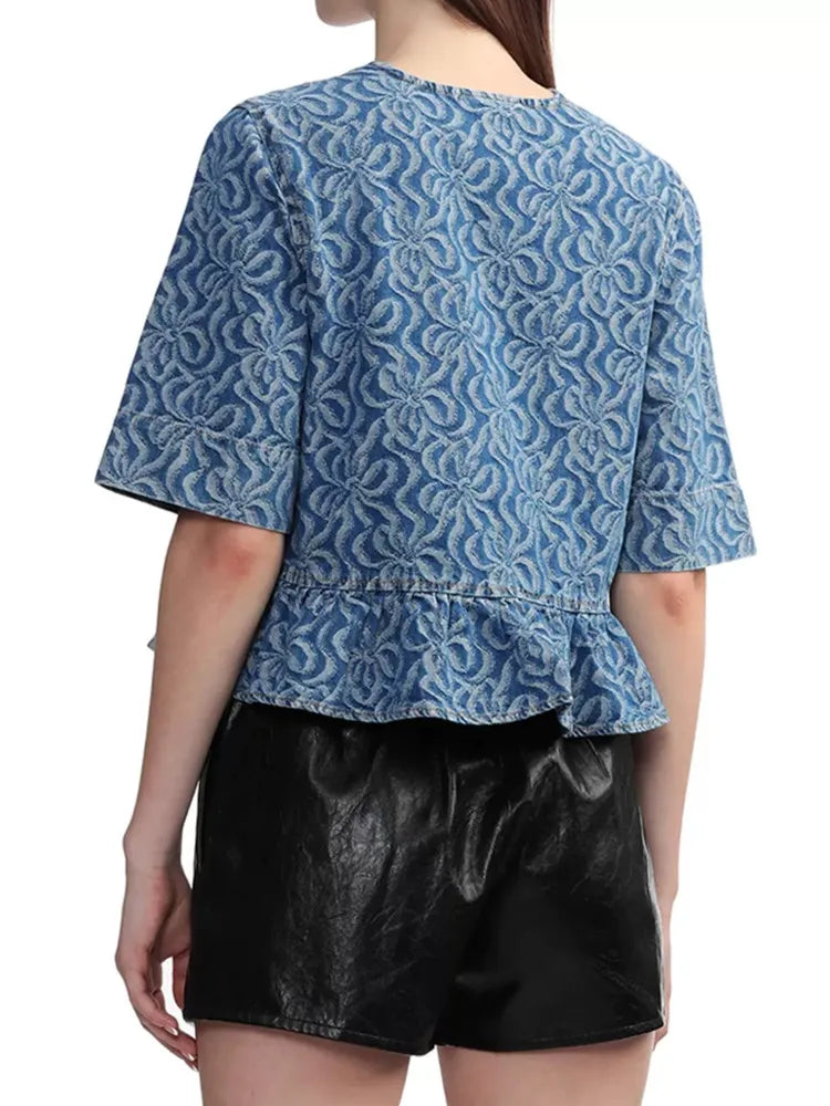 Retro Denim Blouse met Geometrisch Patroon