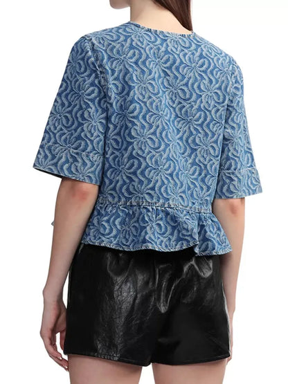 Retro Denim Blouse met Geometrisch Patroon