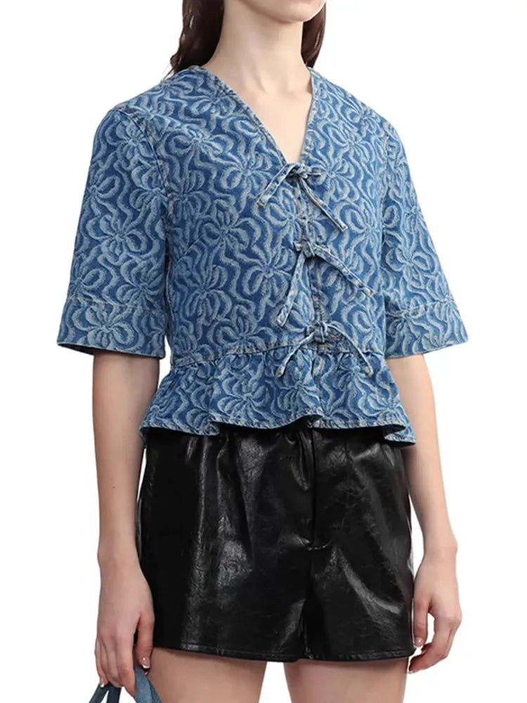 Retro Denim Blouse met Geometrisch Patroon