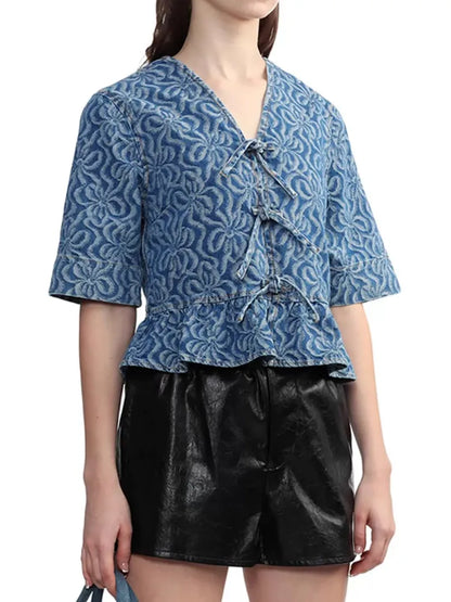 Retro Denim Blouse met Geometrisch Patroon