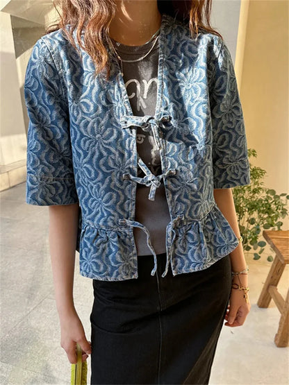 Retro Denim Blouse met Geometrisch Patroon
