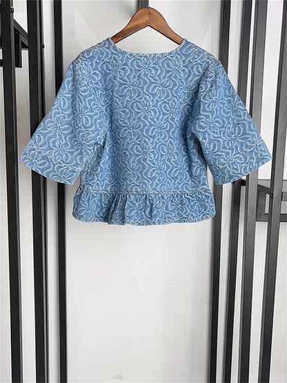 Retro Denim Blouse met Geometrisch Patroon