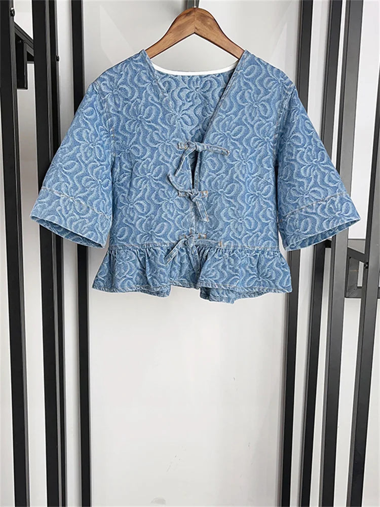 Retro Denim Blouse met Geometrisch Patroon