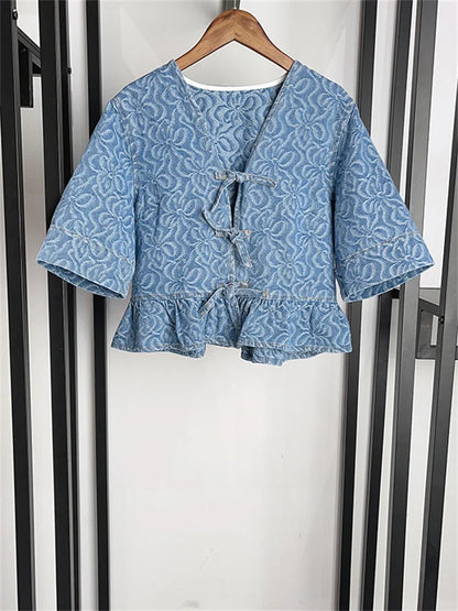 Retro Denim Blouse met Geometrisch Patroon