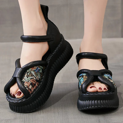 Echt Leren Retro Sandalen met Dikke Zolen