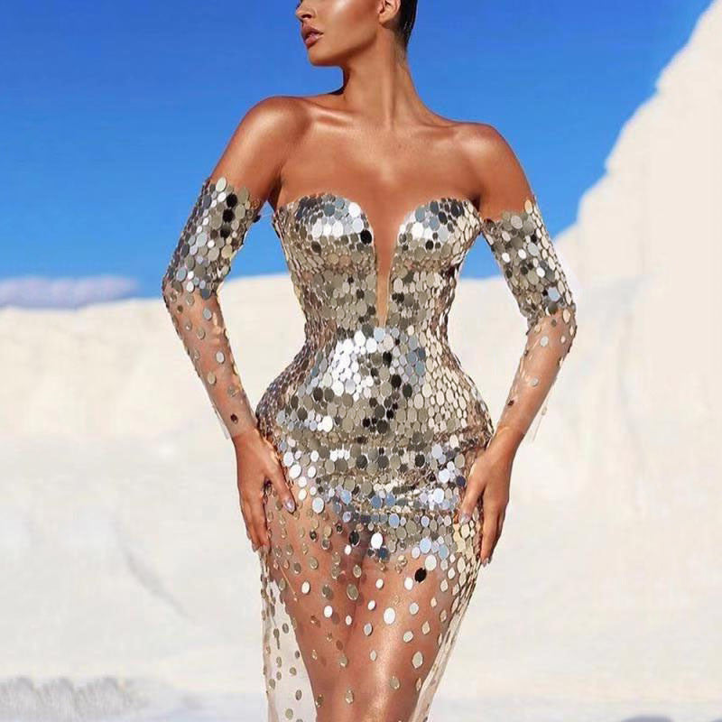 Feestjurk Dames Pailletten Diepe Halslijn Glitter - Mode Vibes