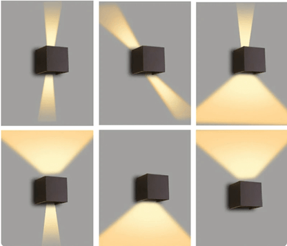 Een collage van verschillende beelden van de moderne LED-wandlampen van Glamovio, die verschillende lichteffecten tonen. Elke lamp straalt licht uit in twee richtingen, waardoor een stijlvolle en sfeervolle verlichting ontstaat, ideaal voor moderne interieurs.