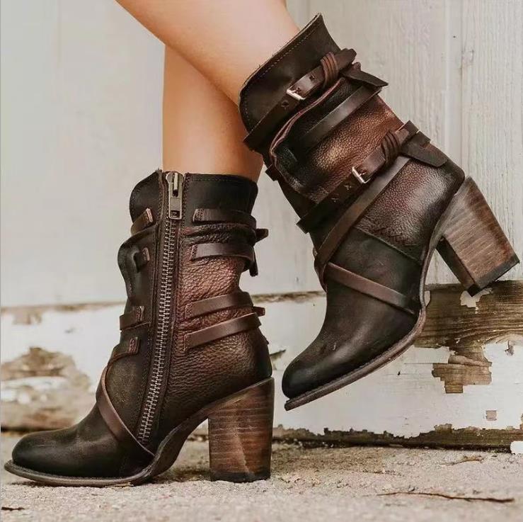 Dames enkellaarsjes van leer – Slouchy vintage look met gespen en blokhak