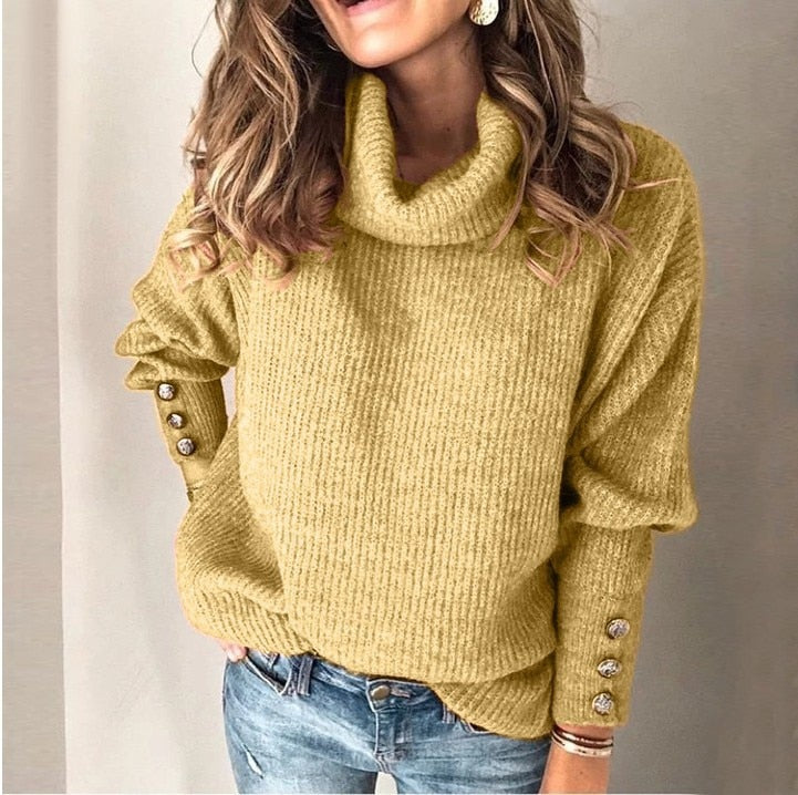 Dames Turtleneck Trui Hoge Kraag Knoopdetails Zwart