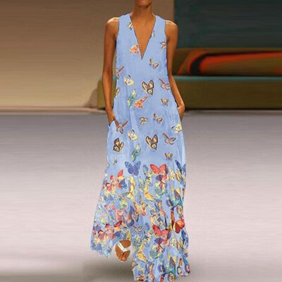 Mouwloze Zomerjurk Vlinderpatroon Maxi Jurk Malia