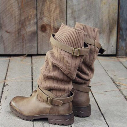 Dames Leren Laarzen Warm Gebreid Wol Winter