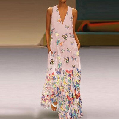 Mouwloze Zomerjurk Vlinderpatroon Maxi Jurk Malia