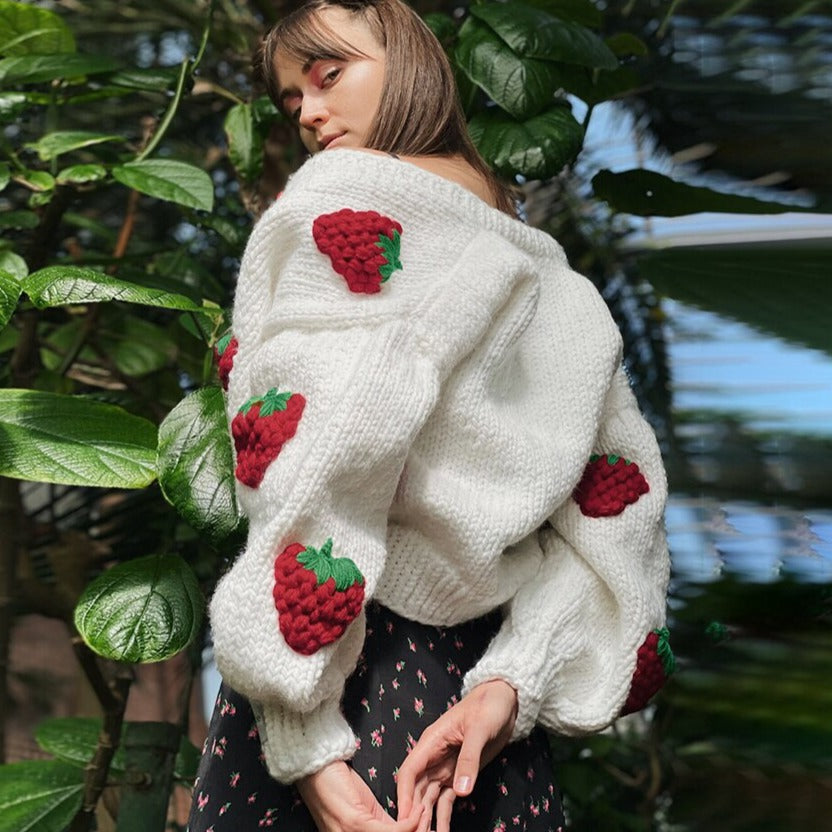 Aardbeien Vest | Zacht Gebreid Vest met Schattige Aardbeien Print